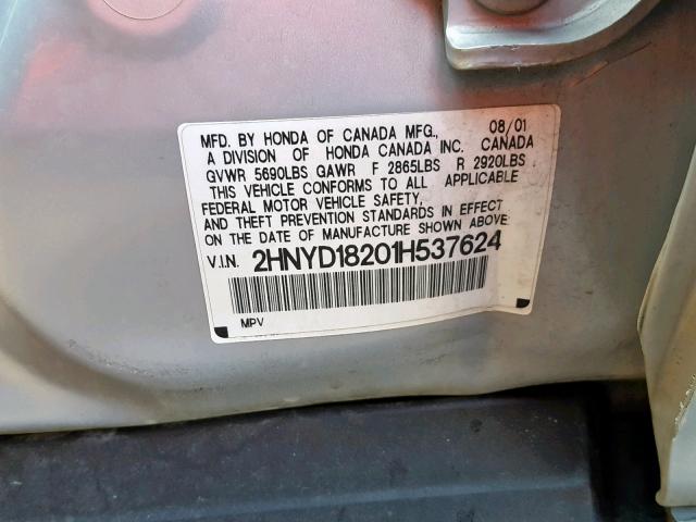 2HNYD18201H537624 - 2001 ACURA MDX SILVER photo 10