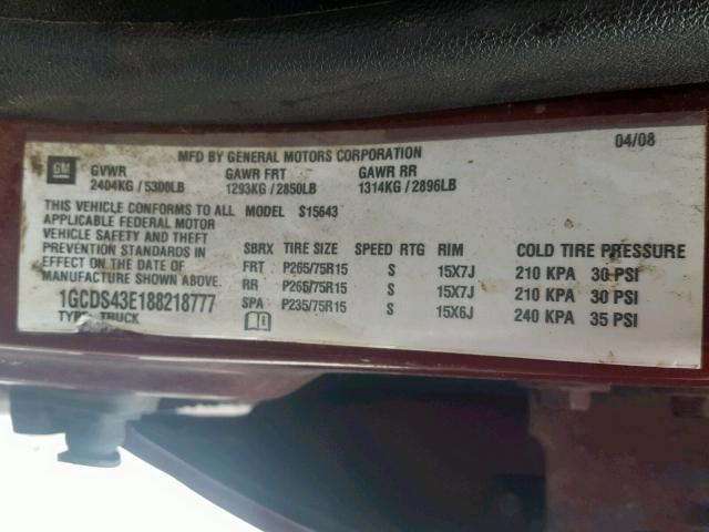 1GCDS43E188218777 - 2008 CHEVROLET COLORADO L BURGUNDY photo 10