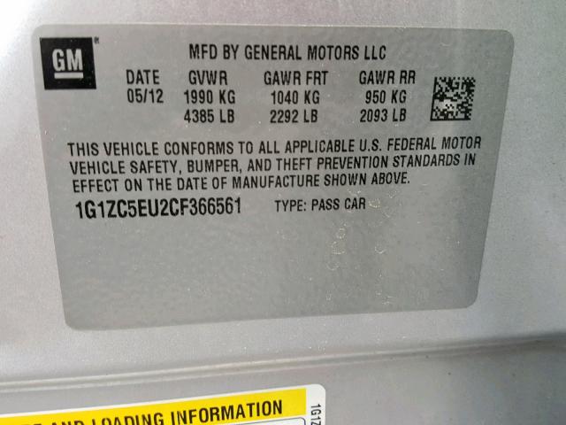 1G1ZC5EU2CF366561 - 2012 CHEVROLET MALIBU 1LT ვერცხლისფერი ფოტო 10