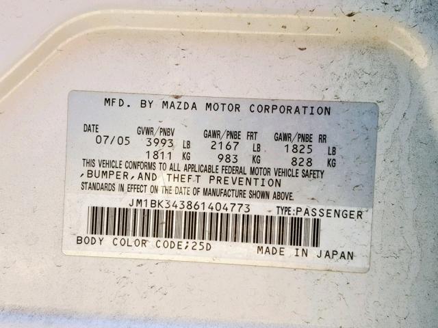 JM1BK343861404773 - 2006 MAZDA 3 HATCHBAC WHITE photo 10