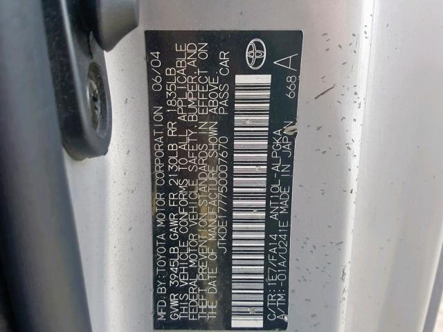 JTKDE177750007670 - 2005 TOYOTA SCION TC Gümüş foto 10