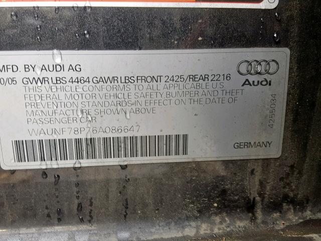 WAUNF78P76A086647 - 2006 AUDI A3 2.0 PRE CHARCOAL photo 10