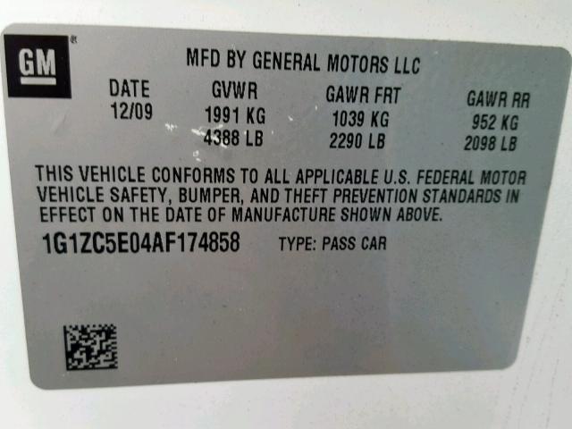 1G1ZC5E04AF174858 - 2010 CHEVROLET MALIBU 1LT WHITE photo 10