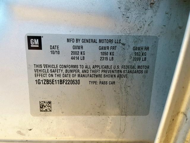 1G1ZB5E11BF220630 - 2011 CHEVROLET MALIBU LS Gümüş foto 10