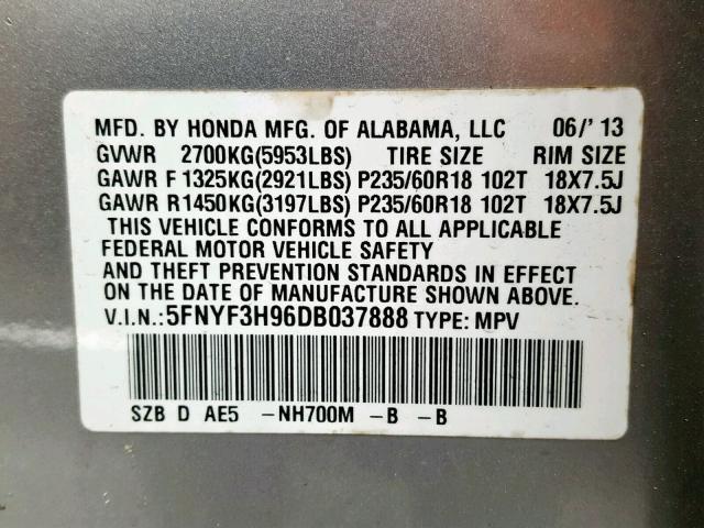 5FNYF3H96DB037888 - 2013 HONDA PILOT TOUR SILVER photo 10