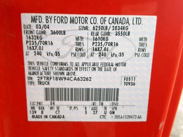 2FTRF18W94CA63262 - 2004 FORD F-150 HERI RED photo 10