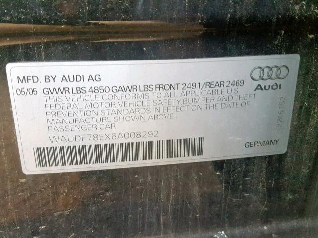 WAUDF78EX6A008292 - 2006 AUDI A4 2.0T QU BLACK photo 10