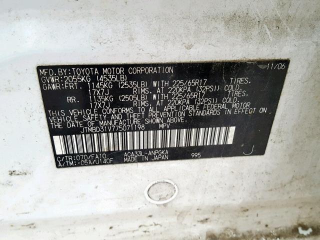 JTMBD31V775071198 - 2007 TOYOTA RAV4 LIMIT WHITE photo 10