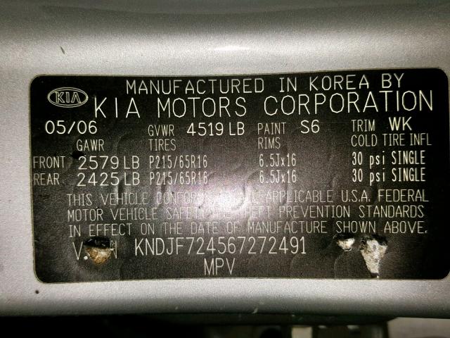 KNDJF724567272491 - 2006 KIA NEW SPORTA SILVER photo 10