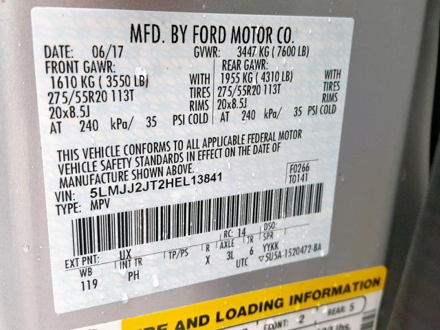 5LMJJ2JT2HEL13841 - 2017 LINCOLN NAVIGATOR 银色 照片 10