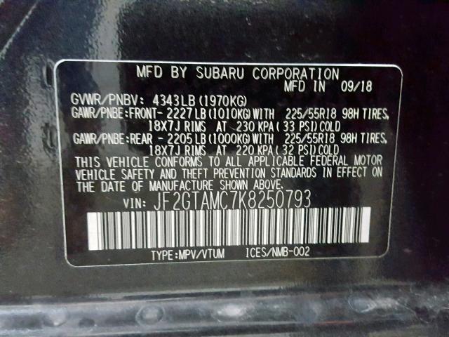 JF2GTAMC7K8250793 - 2019 SUBARU CROSSTREK CHARCOAL photo 10