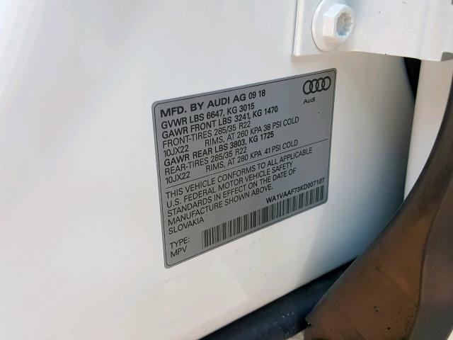 WA1VAAF73KD007107 - 2019 AUDI Q7 PRESTIG WHITE photo 10