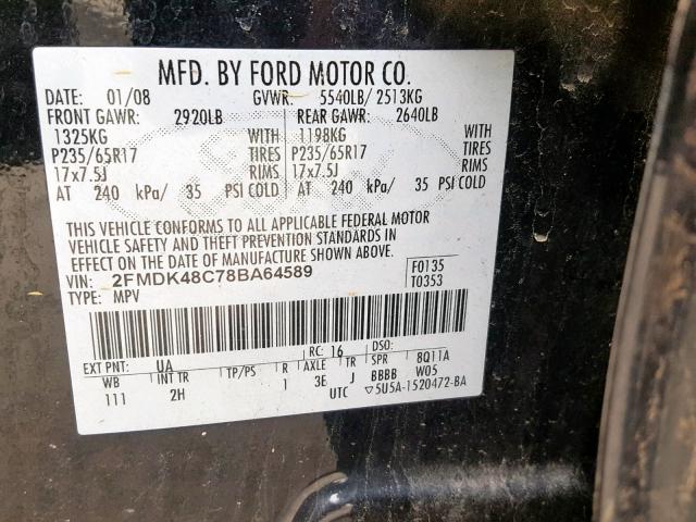 2FMDK48C78BA64589 - 2008 FORD EDGE SEL BLACK photo 10