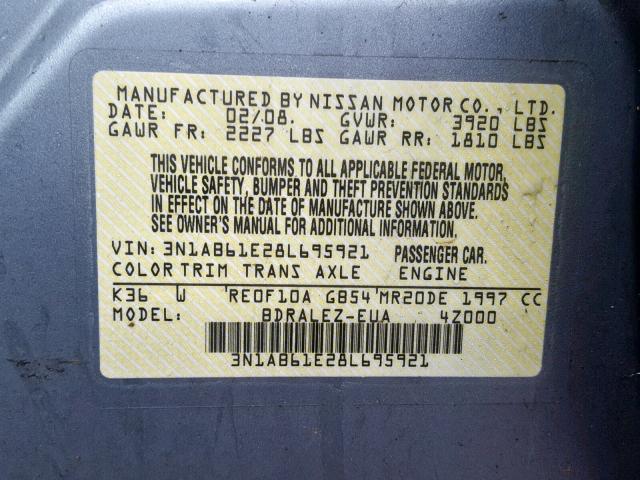 3N1AB61E28L695921 - 2008 NISSAN SENTRA 2.0 SILVER photo 10