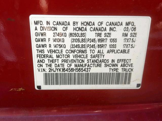 2HJYK16456H565437 - 2006 HONDA RIDGELINE MAROON photo 10