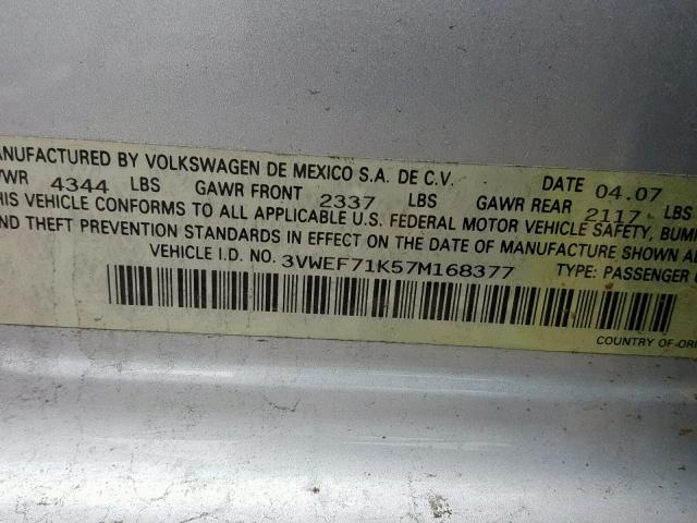 3VWEF71K57M168377 - 2007 VOLKSWAGEN JETTA WOLF SILVER photo 10