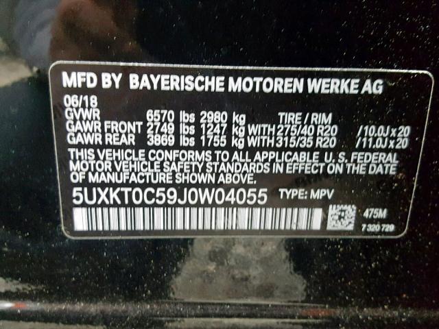 5UXKT0C59J0W04055 - 2018 BMW X5 XDR40E BLACK photo 10