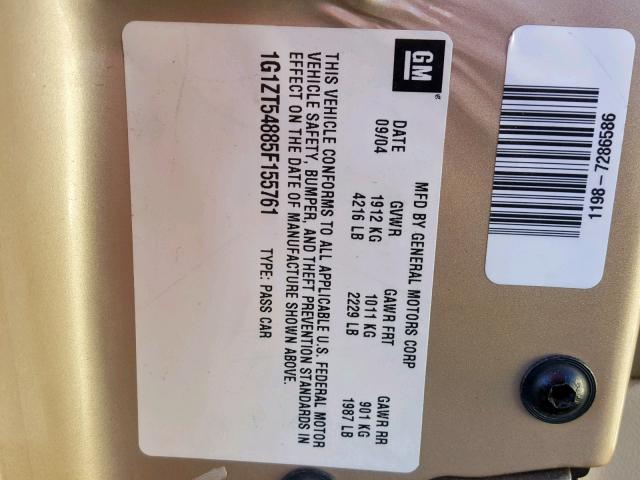 1G1ZT54885F155761 - 2005 CHEVROLET MALIBU LS GOLD photo 10