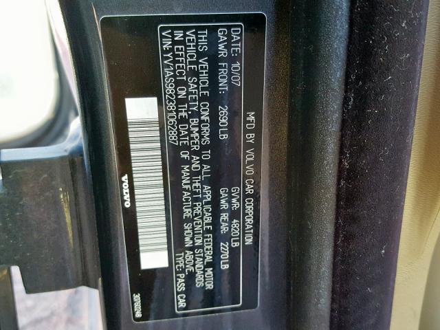 YV1AS982381062887 - 2008 VOLVO S80 3.2 GRAY photo 10