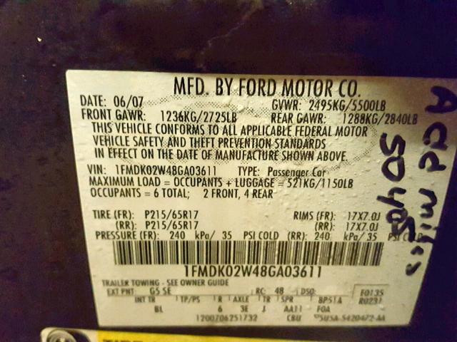 1FMDK02W48GA03611 - 2008 FORD TAURUS X S CHARCOAL photo 10