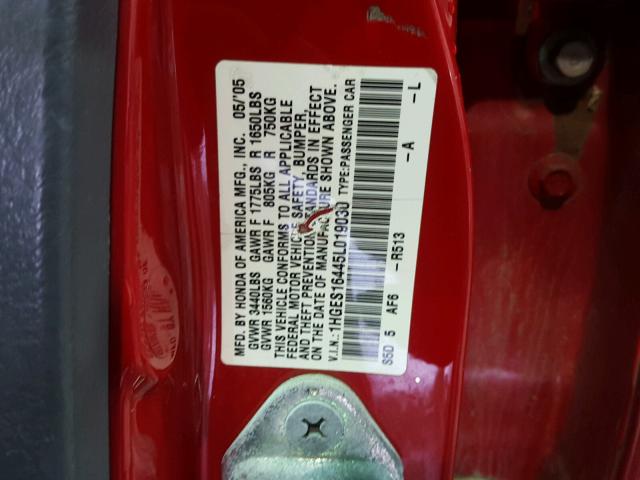 1HGES16445L019030 - 2005 HONDA CIVIC DX RED photo 10