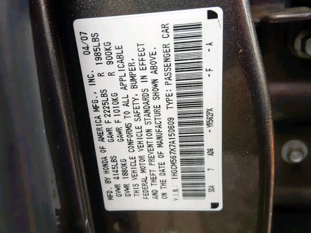 1HGCM567X7A150609 - 2007 HONDA ACCORD EX GRAY photo 10