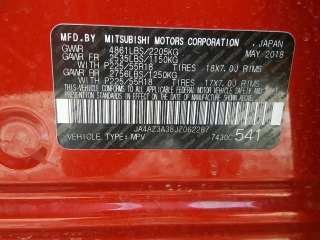 JA4AZ3A38JZ062287 - 2018 MITSUBISHI OUTLANDER RED photo 10