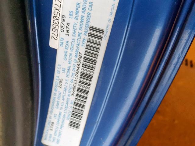 3VWBC21C0XM445587 - 1999 VOLKSWAGEN NEW BEETLE 蓝色 照片 10