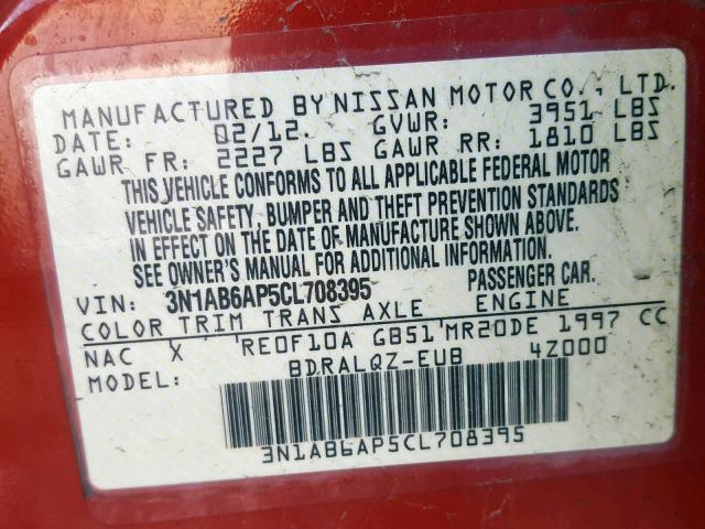 3N1AB6AP5CL708395 - 2012 NISSAN SENTRA 2.0 RED photo 10