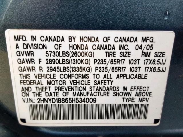 2HNYD18865H534009 - 2005 ACURA MDX TOURIN BLUE photo 10