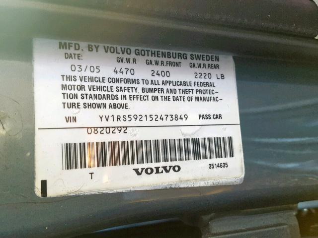 YV1RS592152473849 - 2005 VOLVO S60 2.5T BLUE photo 10