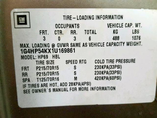 1G4HP54KX1U169861 - 2001 BUICK LESABRE CU TAN photo 10