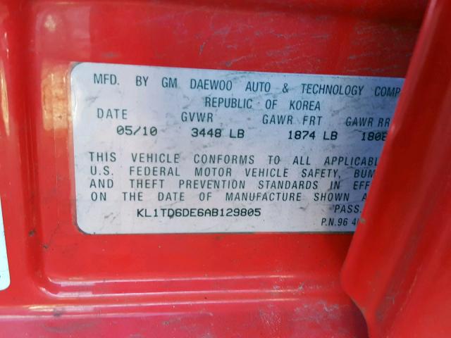 KL1TD6DE6AB129805 - 2010 CHEVROLET AVEO LS RED photo 10