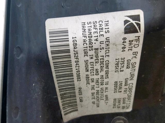 1G8AJ52F84Z193882 - 2004 SATURN ION LEVEL SILVER photo 10