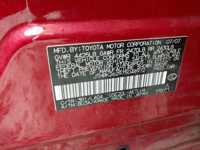 JTHBK262975048972 - 2007 LEXUS IS 250 RED photo 10