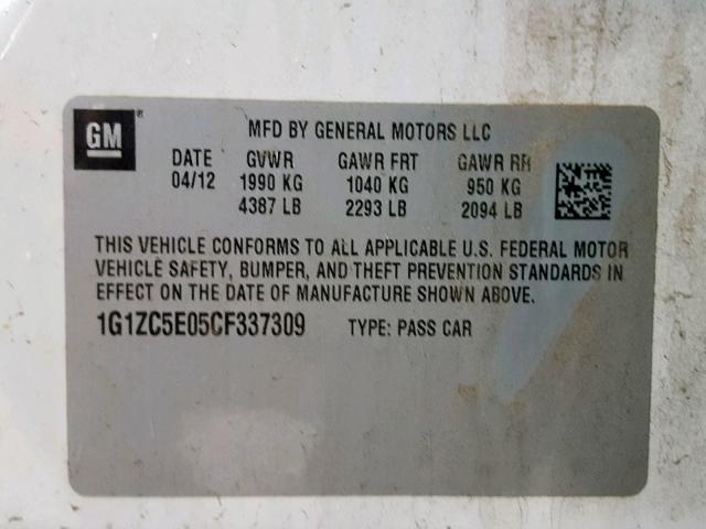 1G1ZC5E05CF337309 - 2012 CHEVROLET MALIBU 1LT WHITE photo 10