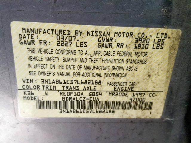 3N1AB61E57L682188 - 2007 NISSAN SENTRA 2.0 GRAY photo 10