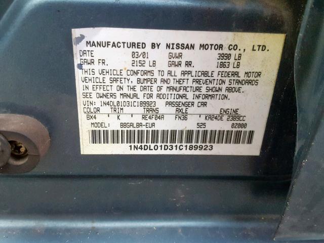 1N4DL01D31C189923 - 2001 NISSAN ALTIMA XE BLUE photo 10