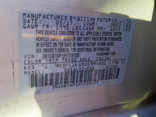 3N1AB7AP1HY338109 - 2017 NISSAN SENTRA S SILVER photo 10