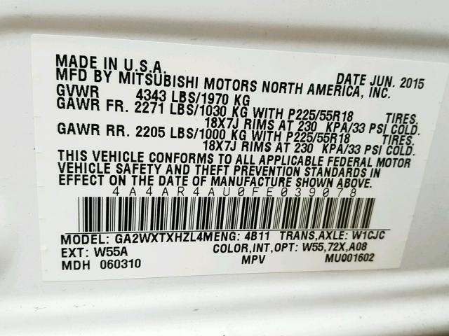 4A4AR4AU0FE039078 - 2015 MITSUBISHI OUTLANDER WHITE photo 10