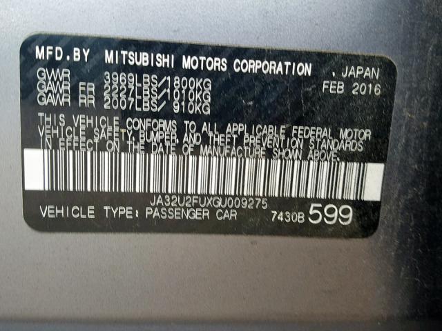 JA32U2FUXGU009275 - 2016 MITSUBISHI LANCER ES SILVER photo 10