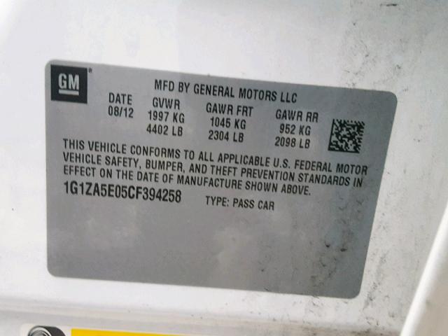 1G1ZA5E05CF394258 - 2012 CHEVROLET MALIBU LS 白色 照片 10