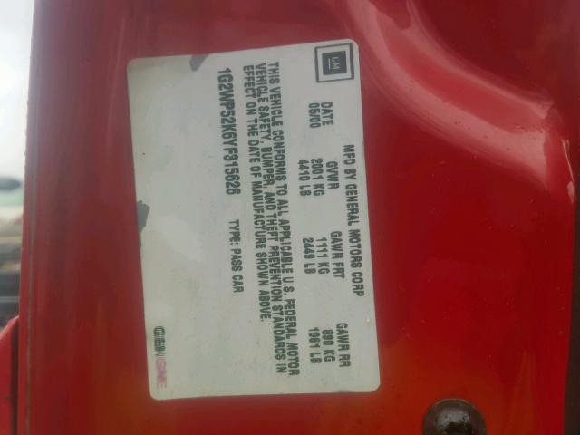 1G2WP52K6YF315626 - 2000 PONTIAC GRAND PRIX RED photo 10