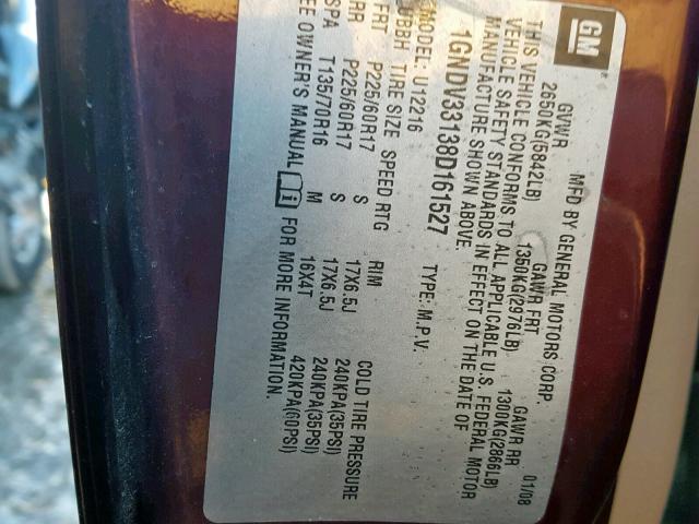 1GNDV33138D161527 - 2008 CHEVROLET UPLANDER L Tünd qırmızı foto 10