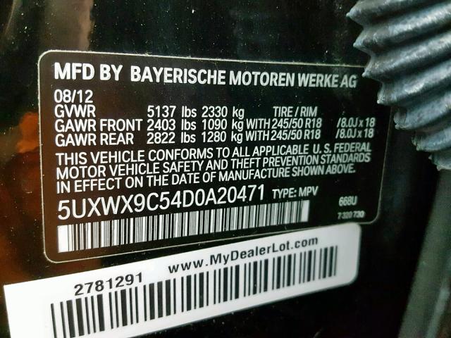5UXWX9C54D0A20471 - 2013 BMW X3 XDRIVE2 BLACK photo 10