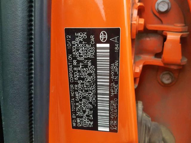 JTDKDTB36C1026929 - 2012 TOYOTA PRIUS C ORANGE photo 10