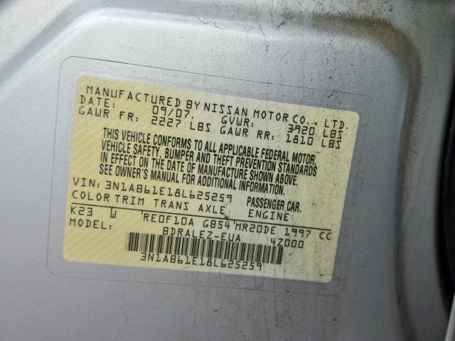 3N1AB61E18L625259 - 2008 NISSAN SENTRA 2.0 SILVER photo 10