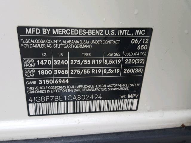 4JGBF7BE1CA802494 - 2012 MERCEDES-BENZ GL 450 4MA WHITE photo 10