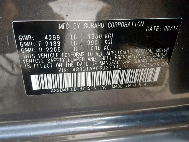 4S3GTAA66J3704296 - 2018 SUBARU IMPREZA GRAY photo 10