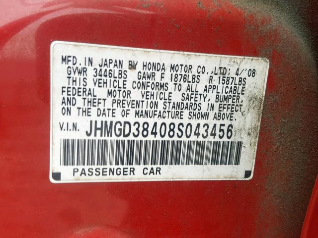 JHMGD38408S043456 - 2008 HONDA FIT RED photo 10